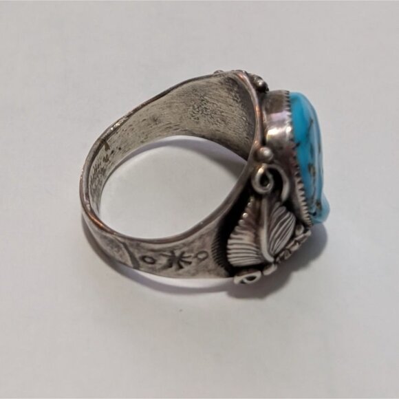 Vintage Turquoise Ring Intricate Silver Leaf Design Southwestern Statement - Picture 12 of 14